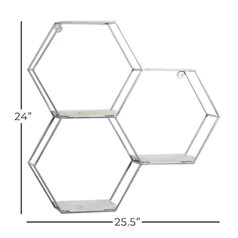 Metal Geometric Hexagon Wall Shelf with 3 Marble Shelves - Gold or Silver - Roche River Decor