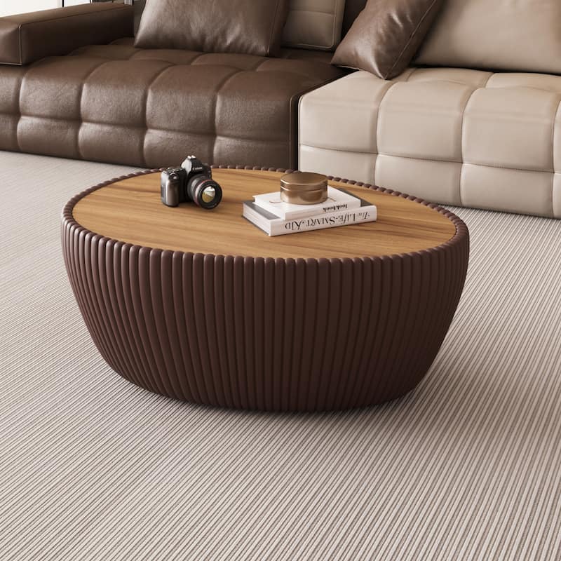 Modern Drum Coffee Table, Goose Egg Shape Coffee Table with Marble Top & Pu Frame, Luxury Center Side Table for Small Space