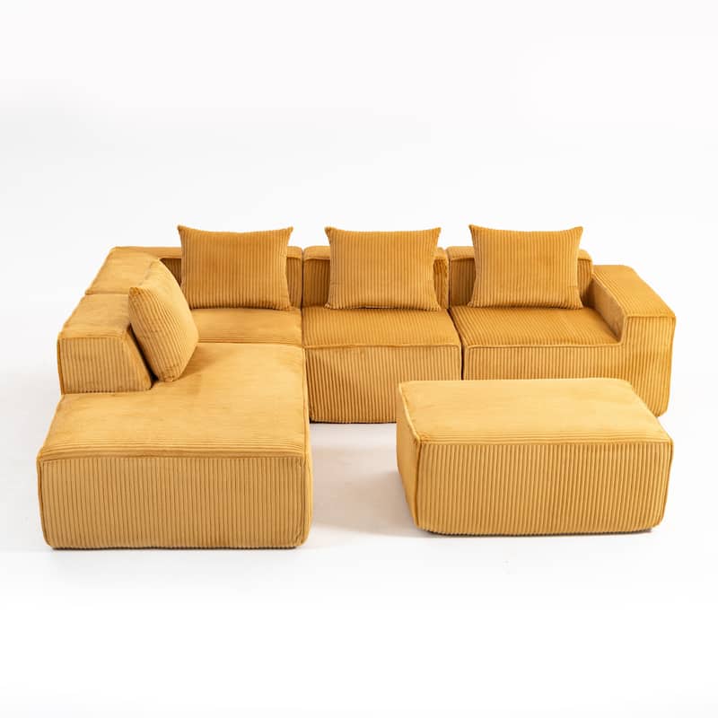 Corduroy Modular Sectional Sofa with Chaise Lounge, Deep Seat, Ottoman - Orange