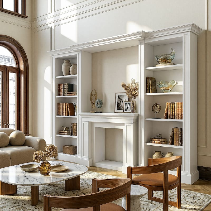Electric Fireplace Mantel with Bookshelves, 115.5" Entertainment Center with Built-in Shelving