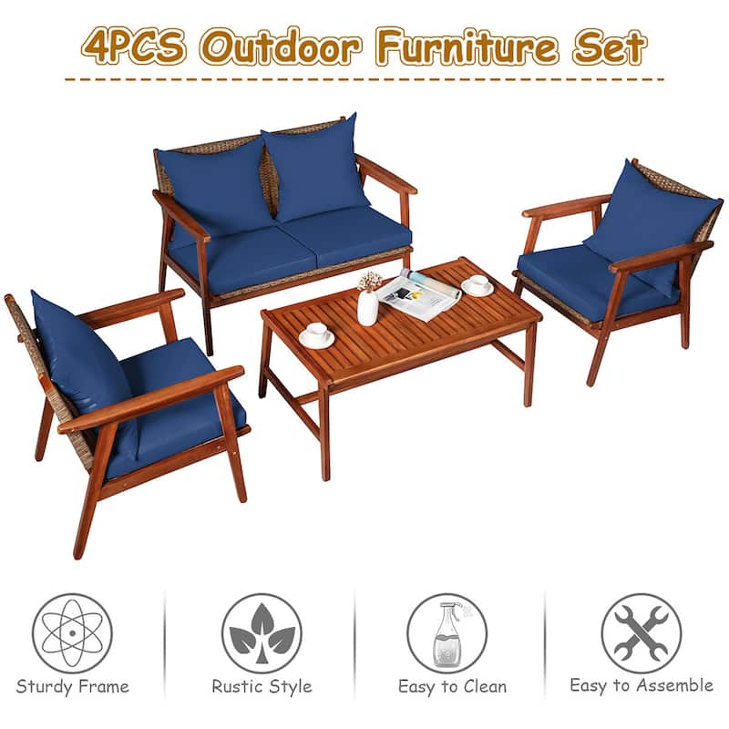 Costway 4PCS Patio Rattan Furniture Set Acacia Wood Frame Cushioned - See details