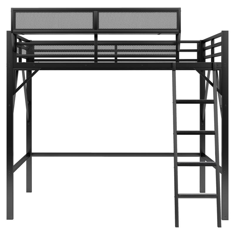 Iron Loft Bed Frame with Storage Shelves, Heavy Duty Metal Loft Bed, Kids High Loft Bed with Full Length Guardrail
