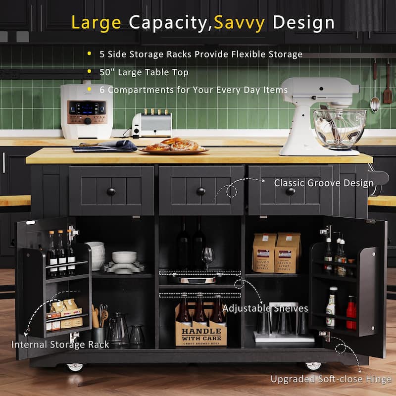 53″ Kitchen Island Cart with Power Outlet and Two Bar Stools