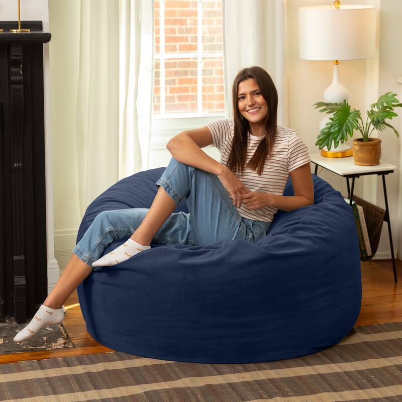 Jaxx Basics 4 Foot Large Adult Bean Bag Chair, Oversized with Filler - Lush Velvet Navy Blue - Large