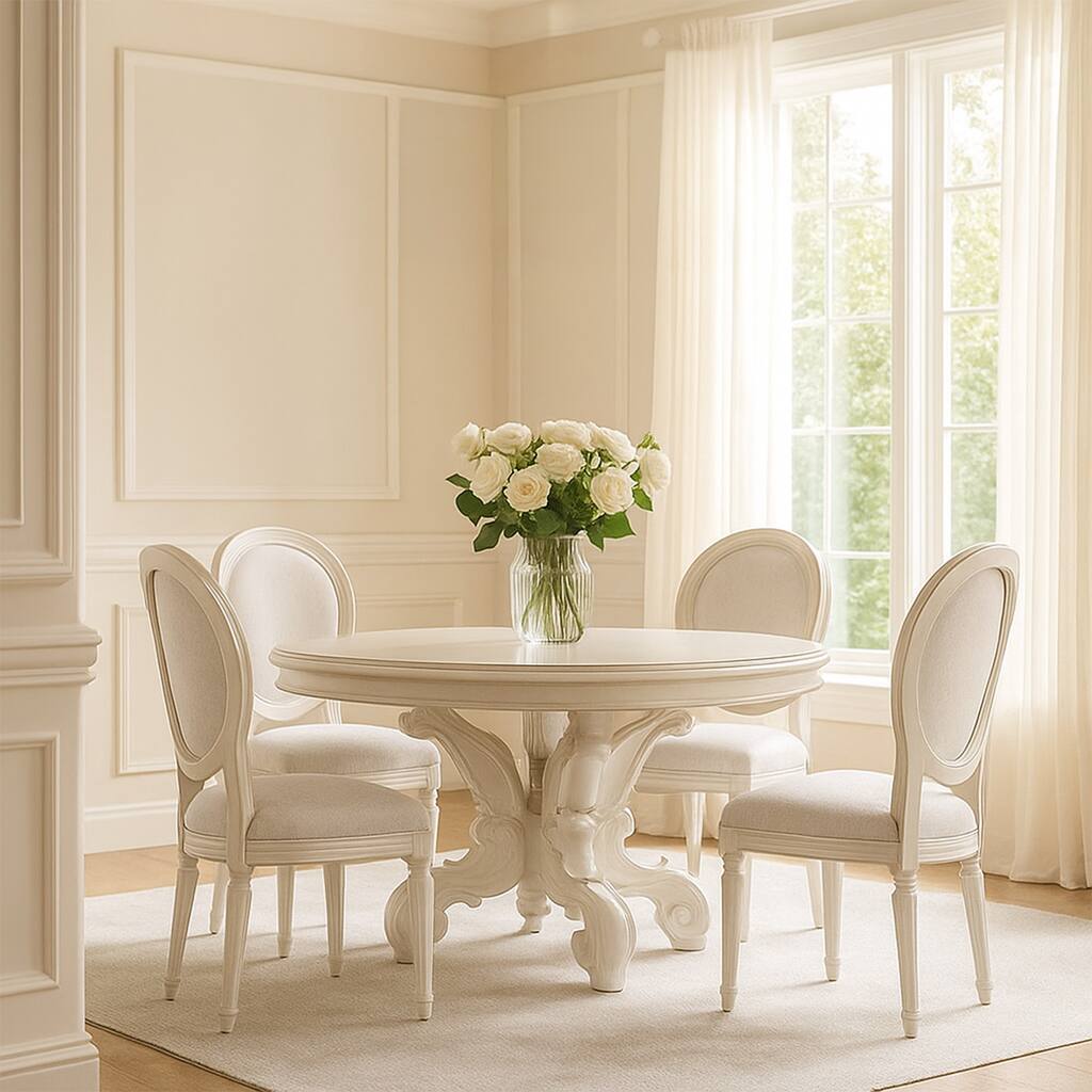 Clover 60 Inch Round Wood Dining Table, Single Pedestal Base, Bone White