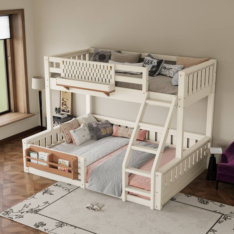 Twin XL over Queen Bunk Bed with Ladder & Guardrails, Built-in Pegboard and Bookshelf, Space-Saving Bunk Bed Frame