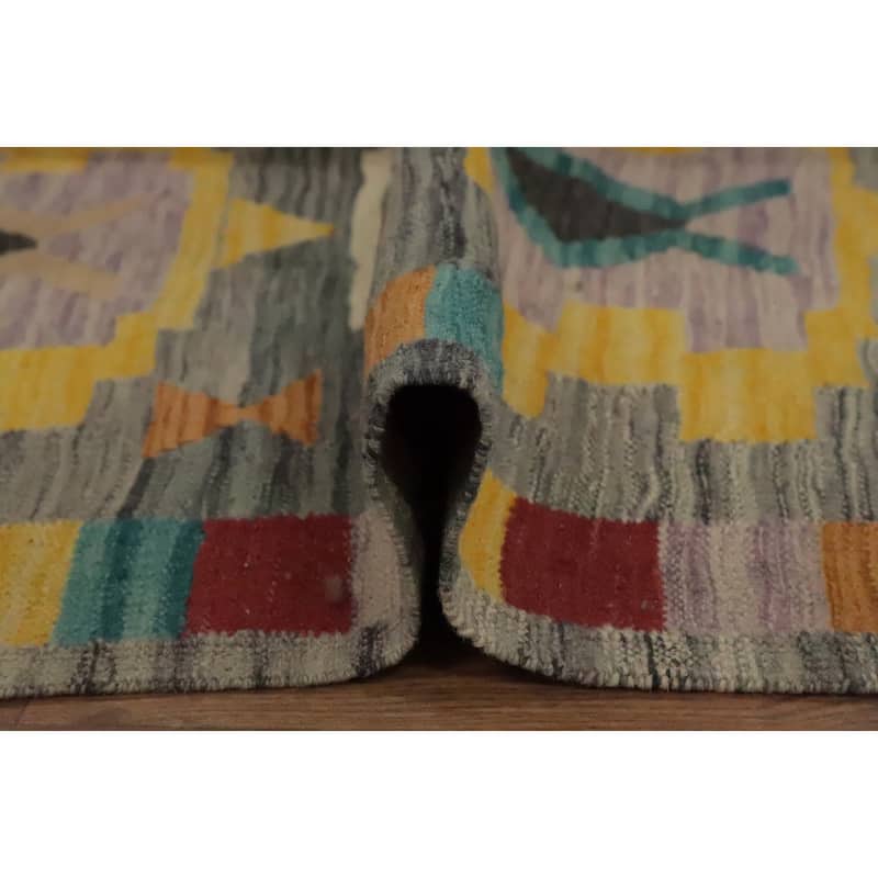 Hand Woven Oriental 100% Wool Carpet Southwestern Tribal Greys & Charcoal Kilim Runner Rug - 9' 8'' X 2' 8''