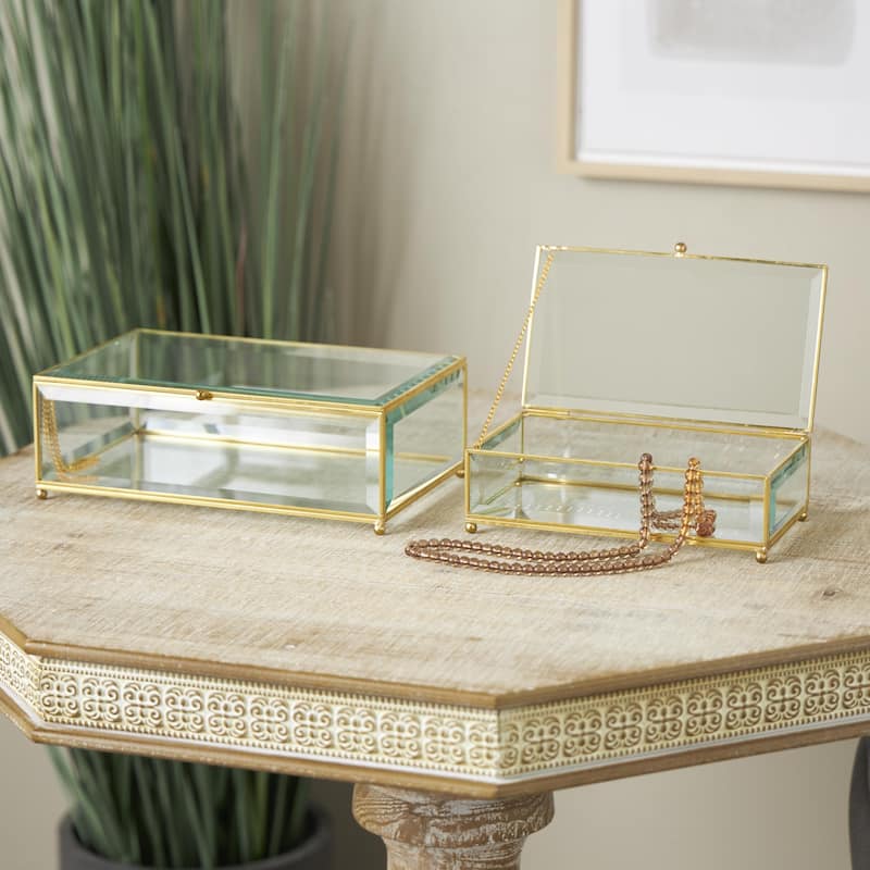 Glass Beveled Decorative Jewelry Box with Gold Metal Frame and Chain Accent - Set of 2 Clear - Roche River Decor