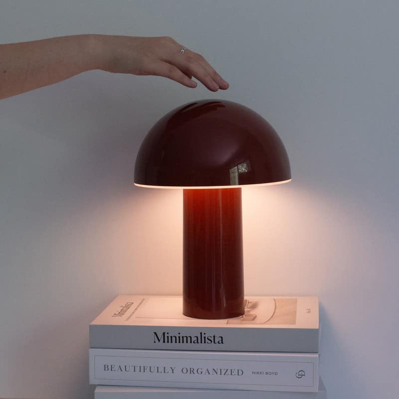 Brightech Celia LED Glossy Modern Round Dome Dimmable Cordless Portable Rechargeable Bedside Nightstand Desk Lamp - Glossy Red
