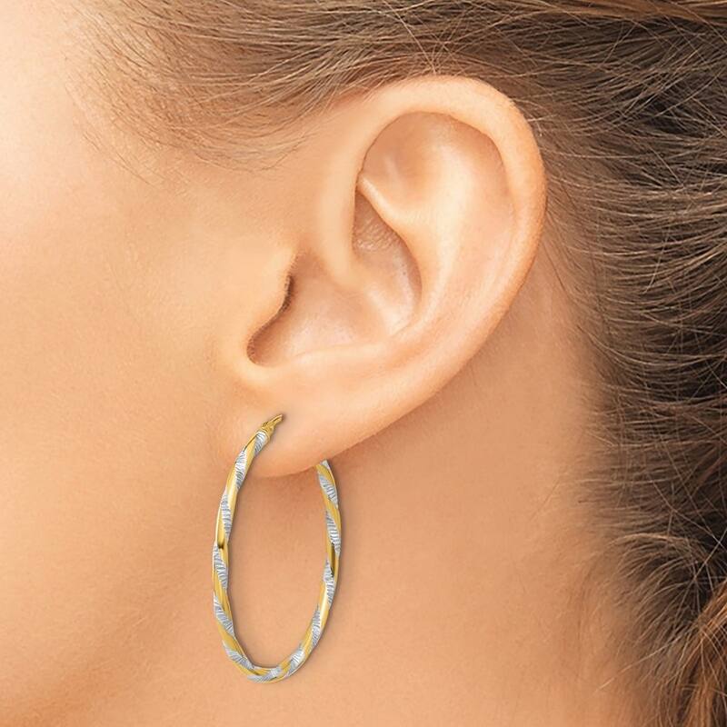 Curata 14k Yellow Gold White Rhodium Polished Diamond cut Hoop Earrings - 34.9x35.2mm