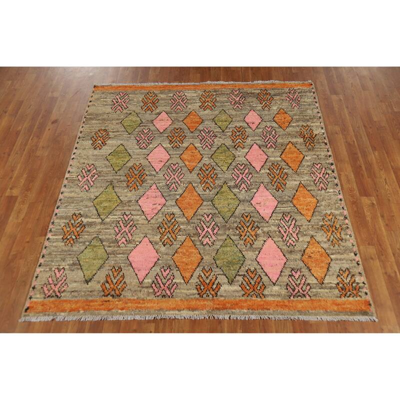 Geometric Moroccan Square Area Rug Hand-Knotted Wool Carpet - 5'9" x 6'4"