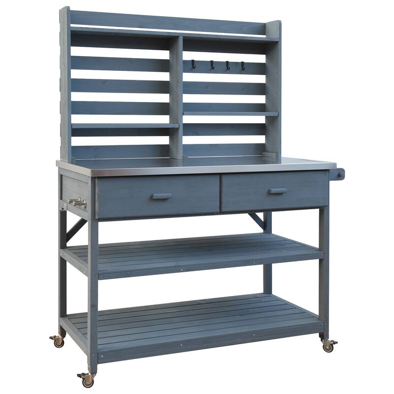 Outdoor Potting Bench Table with Lockable Wheels Solid Wood Kitchen Island and Stainless Steel Top