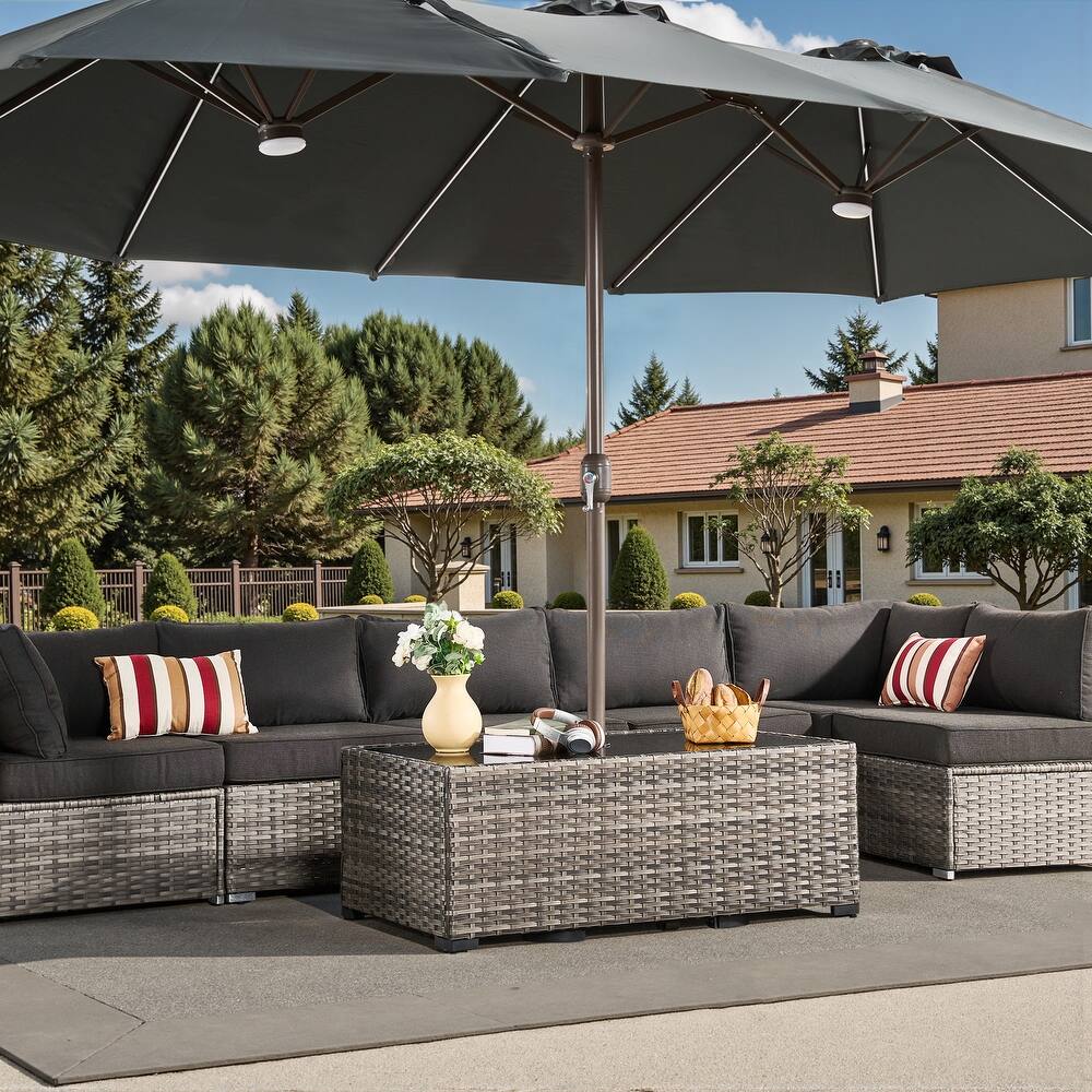 ​​OVIOS Rectangle Wicker Patio Coffee Table with Umbrella Hole