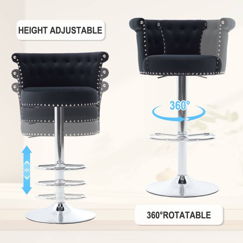 Adjustable Velvet Swivel Bar Stools with Metal Leg (Set of 2)