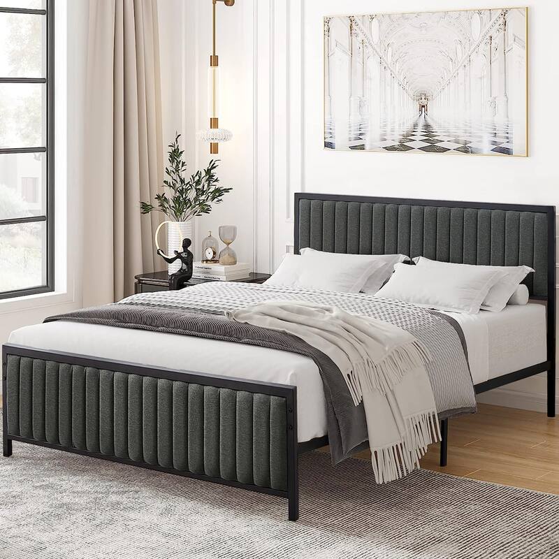 Javlergo Bed Frames with Upholstered Tufted Headboard and Footboard, Heavy Duty Steel Slats Platform, No Box Spring Needed