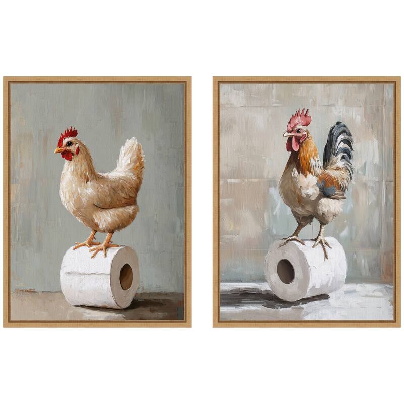 Kate and Laurel Sylvie Chicken and Rooster Bathroom Art Framed Canvas Art Set by The Creative Bunch Studio