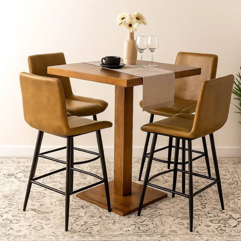 Isha Counter Stool Chair Set of 2, Brown Faux Leather, Black Iron