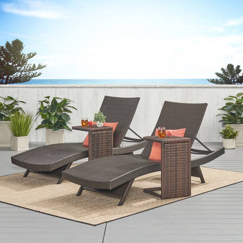 Toscana Outdoor Wicker Adjustable Chaise Lounge with C-shaped Wicker Table Set by Christopher Knight Home - Multibrown