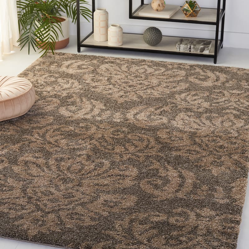 SAFAVIEH Florida Shag Aurkene Floral Damask 1.2-inch Thick Rug - 3'3" x 5'3" - Smoke/Beige