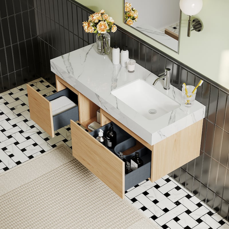 48" Mid Century Single Bathroom faux marble Vanity with Top, Solid Wood, Floating Vanities for Bathroom, Not Assembled Need