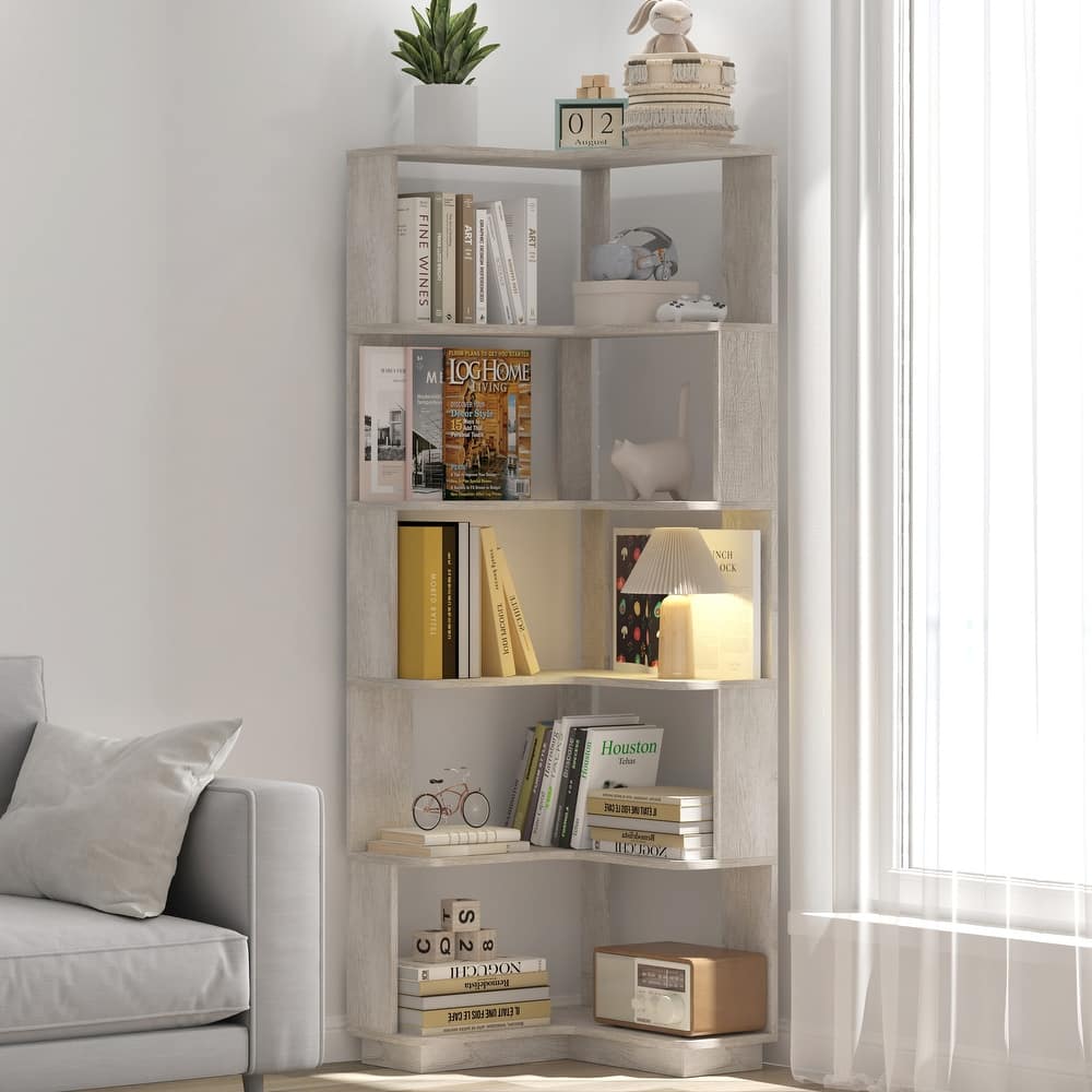 GDFStudio - Elysande Wood Corner Bookcase with 6-Tier Anti-Fall Design