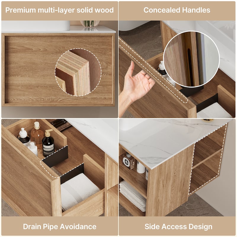 36" Modern Bathroom Vanities With Single Sink, White Glossy Stone Table Top， Floating Vanities With Wood Cabinets