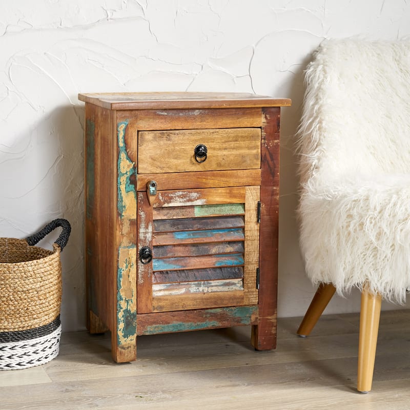 Roomfitters Handcrafted Side Table with Drawer and Cabinet, Recycled Wood with Boho Finish, Natural