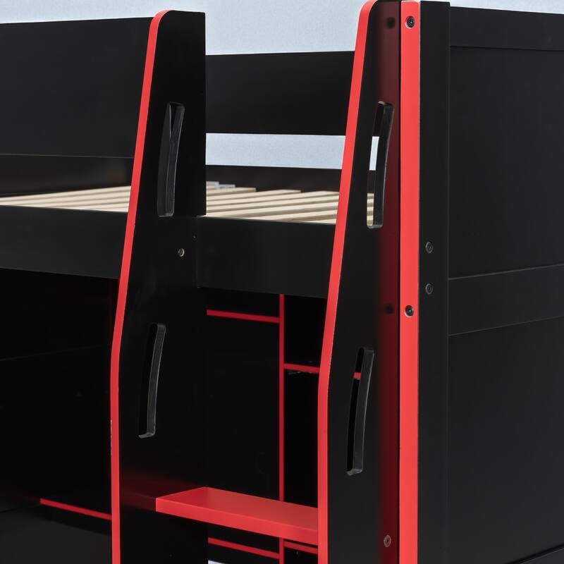 Full Size Wood Loft Bed with Desk, Open Wardrobe, Shelves and RGB LED Lights for Gaming & Storage