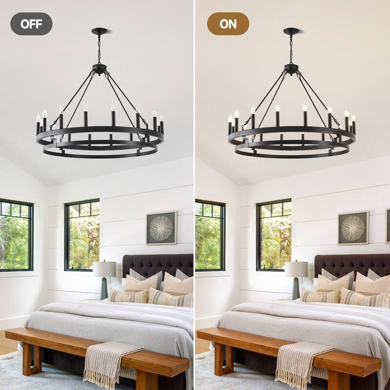 39 Inch 16-Lights Matte Black Wagon Wheel Chandelier with light E12