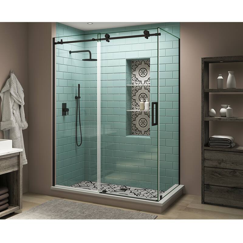Coraline XL 56-60 in. x 34 in. x 80 in. Frameless Corner Sliding Shower Enclosure, Clear Glass, Right - Matte Black