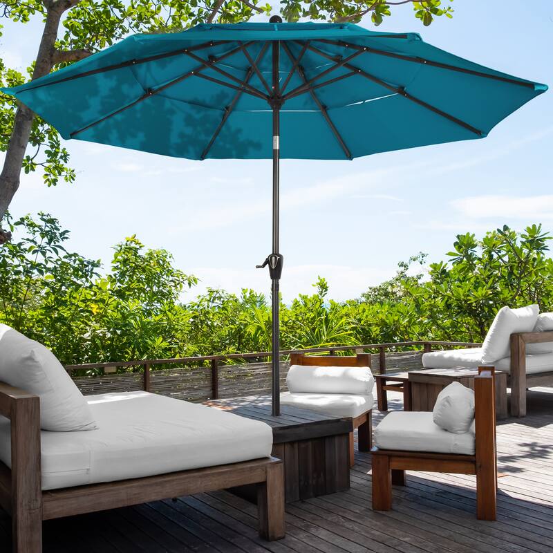 10 ft Patio Umbrella, 3-Tiered Sunshade with Push Button Tilt and Easy-Open Crank, Outdoor Umbrella for Deck, Yard - Teal