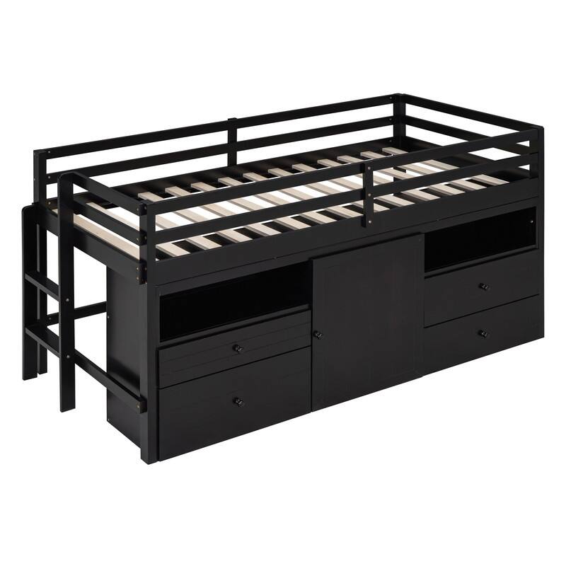Twin Size Loft Bed with 4 Drawers, Underneath Cabinet and Shelves