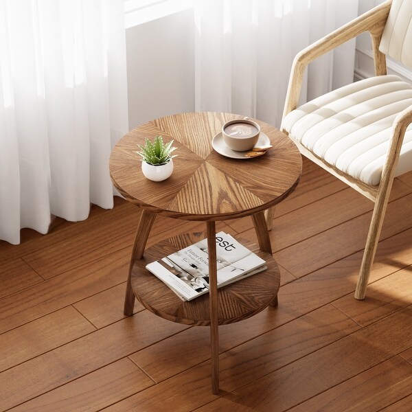 COZAYH Wood Round End Table with Storage Shelf, Walnut Finish Mid
