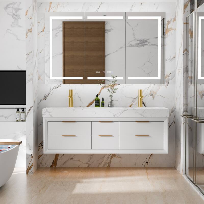 60" Wall-Mount Double Vanity with LED Light. - 60 inch