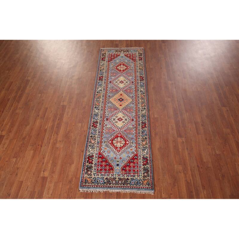Light Blue Kazak Oriental Runner Rug Handmade Wool Carpet - 2'7"x 8'0"