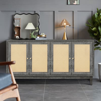 Freestanding Buffet Cabinet with 4 Rattan Doors, Console Table with Adjustable Shelves, Storage Cabinet with Wooden Legs