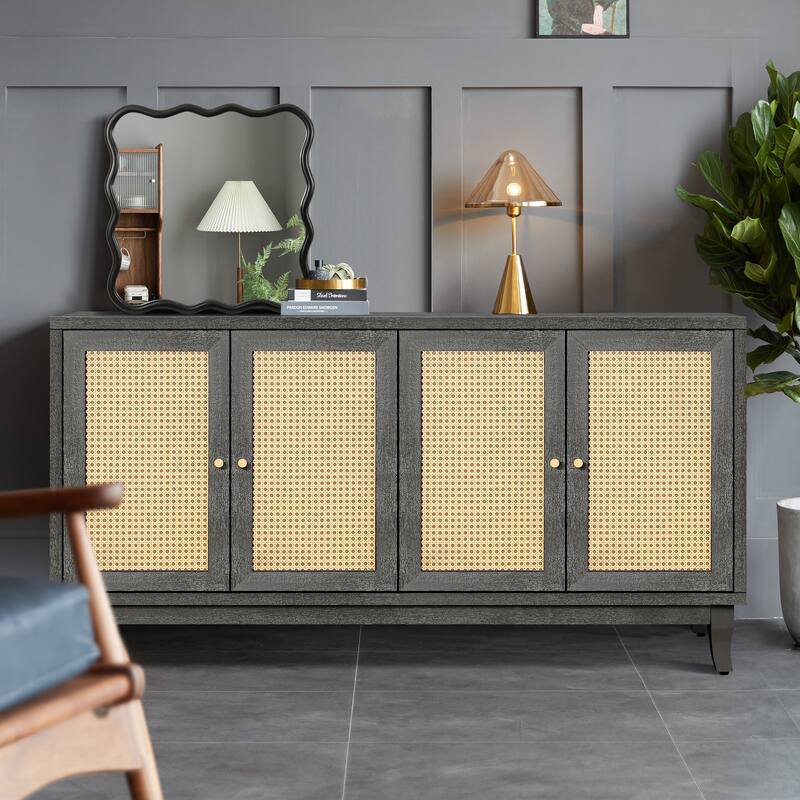 Handcrafted Rattan Sideboard Buffet Cabinet with Adjustable Shelves for Living Room Storage Solutions
