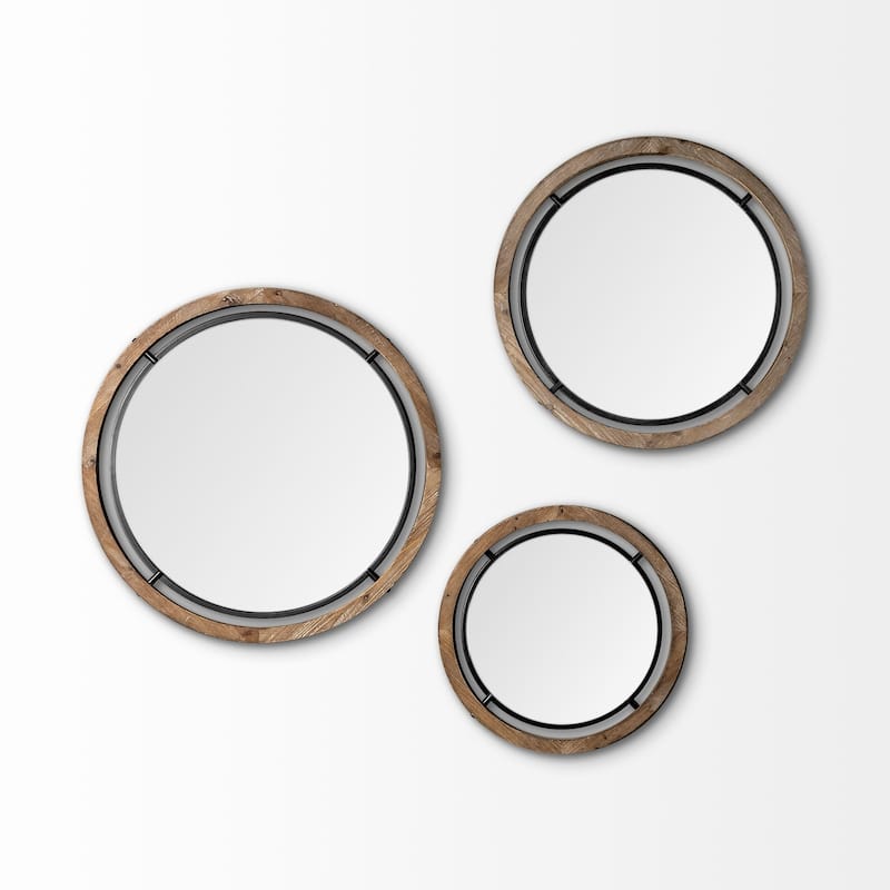 HomeRoots 24" Brown And Black Round Metal And Wood Framed Accent Mirror - 24.25' X '24.25' X '1.25