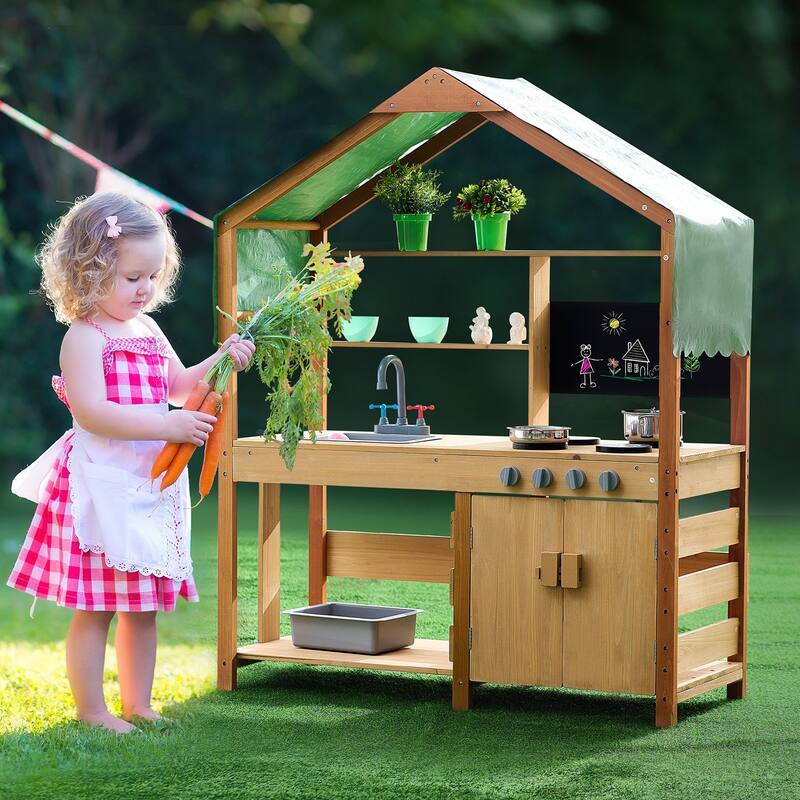 Natural-Green Cedar Wood Kids Mud Kitchen with Sink, Canopy and Accessories - 16.3” D x 40” W x 50” H
