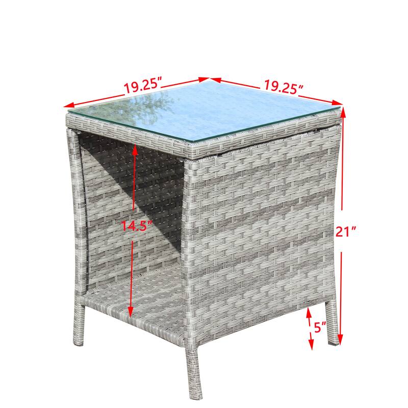 Anmytek Gray Rattan Side Table with Tempered Glass Top Indoor Outdoor Wicker Patio Table Double Tier Storage - 19.25*19.25