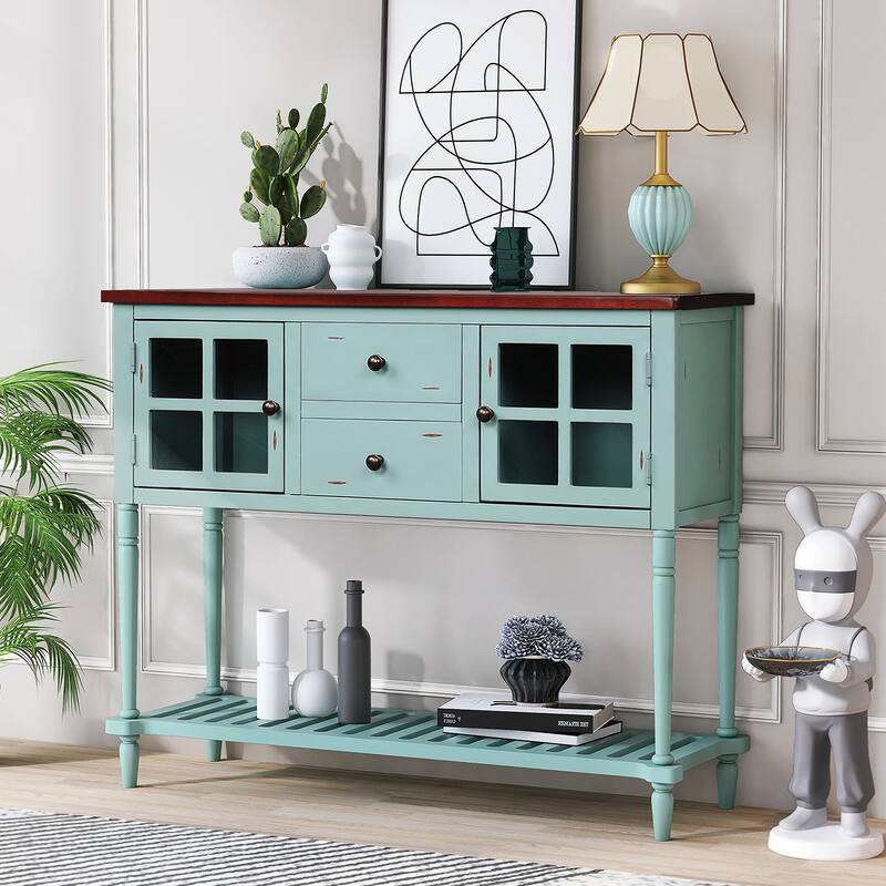 Sideboard Console Table with Bottom Shelf, Wood/Glass Buffet Storage Cabinet