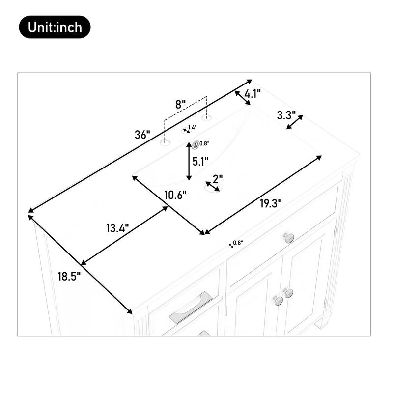 36" Bathroom Vanity with Sink, Ceramic Sink, One Tip-out Drawer, 3 Side Drawers