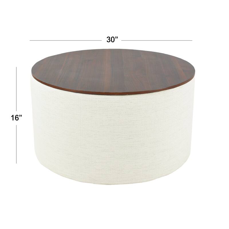 Mesy Storage Ottoman, 30 Inch Round Lift Tray Top, Ivory Woven Fabric