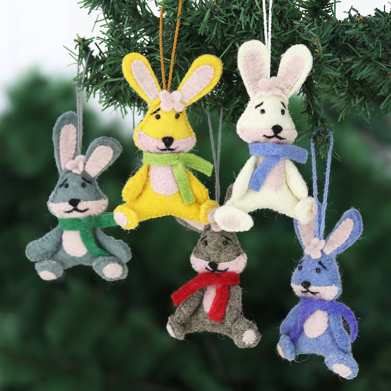 Novica Handmade Bunny Greetings Wool Felt Ornaments (Set Of 5)