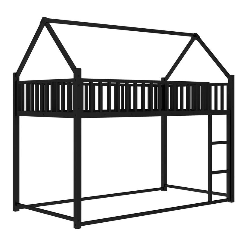 Roomfitters Metal Twin House Bed Frame with Guardrails & Detachable Slats, Convertible Floor to Loft Design, Black