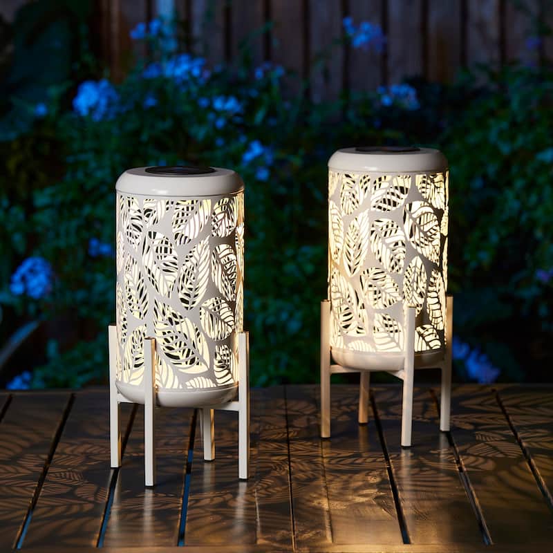 Glitzhome 14.25"H Set of 2 Metal Flower Cutout Solar Lanterns Floor Lantern