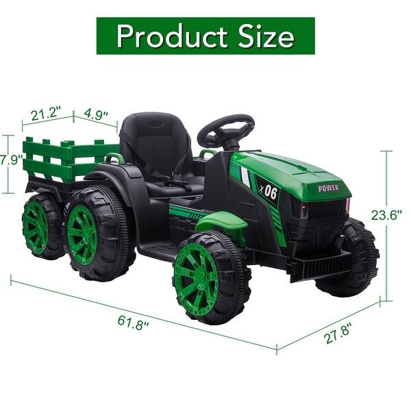 dimension image slide 4 of 5, Kids Ride On Tractor with Trailer, 12V Battery Powered Electric Kids Car Vehicle Toys - 61.8x27.8x23.6in