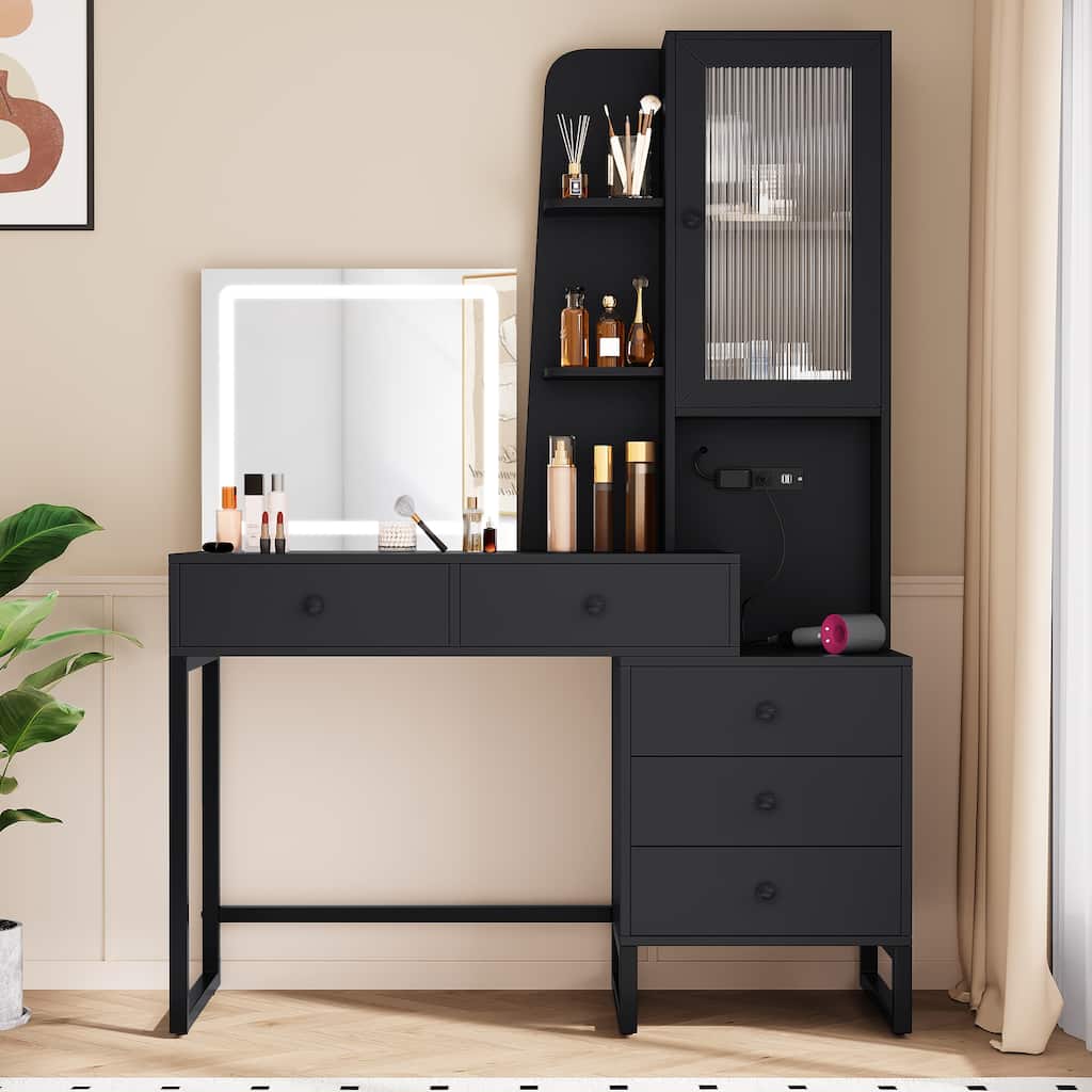 Moasis Makeup Vanity Desk with Mirror and Lights Vanity Table with Charging Station Storage Shelf - 15.7"D x 41.3"W x 62.6"H