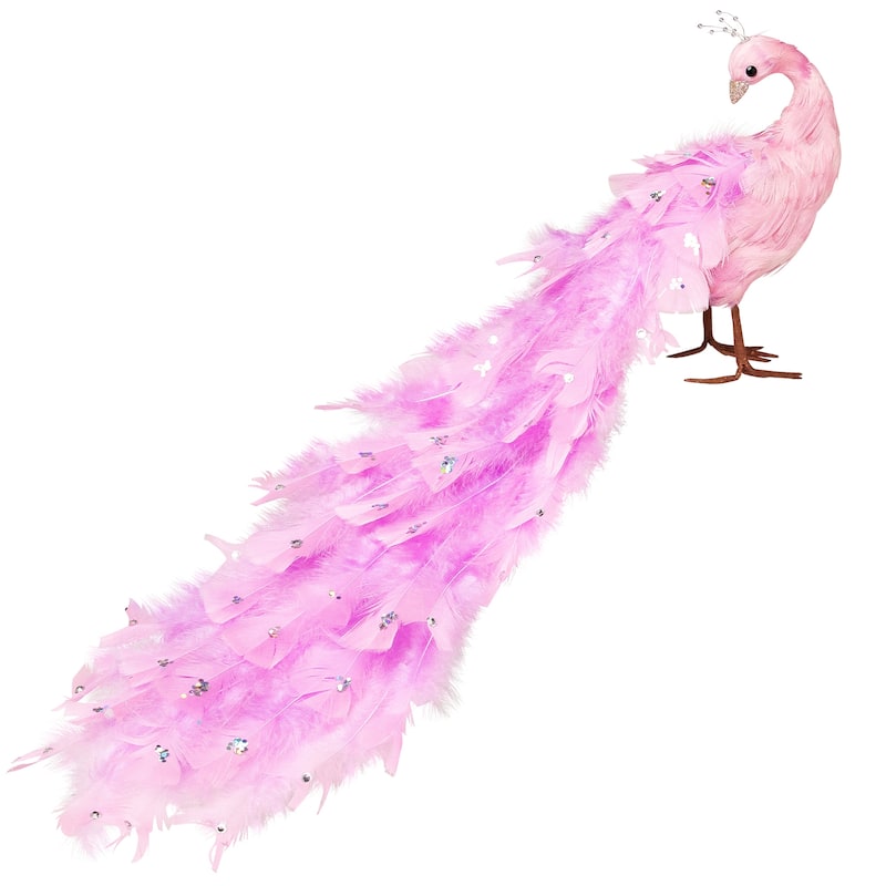 Glittered and Jeweled Peacock Christmas Decoration with Mini Faux Pearls - 22" - Pink