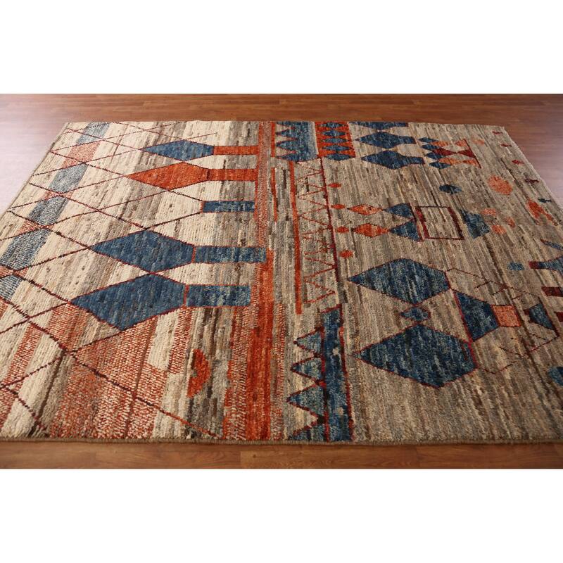Geometric Moroccan Oriental Rug Handmade Brown Wool Carpet - 7'3" x 9'7"